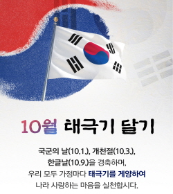 10월 태극기 달기
국군의날(10.1), 개천절(10.3),
한글날(10.9)을 경축하며,
우리 모두 가정마다 태극기를 게양하여
나라 사랑하는 마음을 실천합시다.