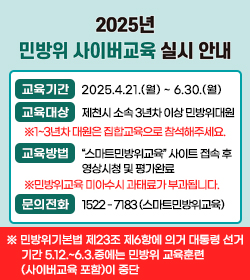 2025년 민방위 사이버교육 실시 안내
교육기간 : 2025.4.21.(월) ~ 6.30.(월)
교육대상 : 제천시 소속 3년차 이상 민방위대원
※1~3년차 대원은 집합교육으로 참석해주세요.
교육방법 : “스마트민방위교육” 사이트 접속 후
영상시청 및 평가완료
※민방위교육 미아수시 과태료가 부과됩니다.
문의전화 : 1522 - 7183 (스마트민방위교육)
※ 민방위기본법 제23조 제6항에 의거 대통령 선거 
     기간 5.12.~6.3.중에는 민방위 교육훈련
     (사이버교육 포함)이 중단