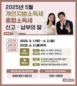2025년 5월 개인지방소득세 종합소득세 신고 · 납부의달
신고기간 : 2025.5.1.(목)~6.2.(월)
납부기한 : 2025.6.2.(월)까지
신고방법
전자신고
PC : 홈텍스 → 위택스 연계신고
모바일 : 손택스 → 위택스 연계신고
방문신고
대상 : 신고도움이 필요한 모두채움 대상자
※ 납세자 본인 신분증 지참
장소 : 제천시청 개인지방소득세 신고창구
제천시청 개인지방소득세 담당 : 043-641-5613
개인지방소득세 전담 콜센터 : 1661-6669
자세히보기